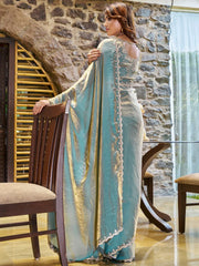 Graceful Teal Blue Sheer Chiffon Floral Motifs Saree - The Dori Store