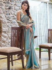Graceful Teal Blue Sheer Chiffon Floral Motifs Saree - The Dori Store