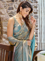 Graceful Teal Blue Sheer Chiffon Floral Motifs Saree - The Dori Store