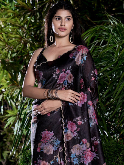 Black Party Wear Silk Blend Embellished Saree
