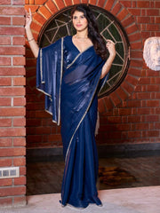 Navy Party Wear Satin Silk Embellished Saree - The Dori Store
