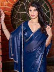 Navy Party Wear Satin Silk Embellished Saree - The Dori Store