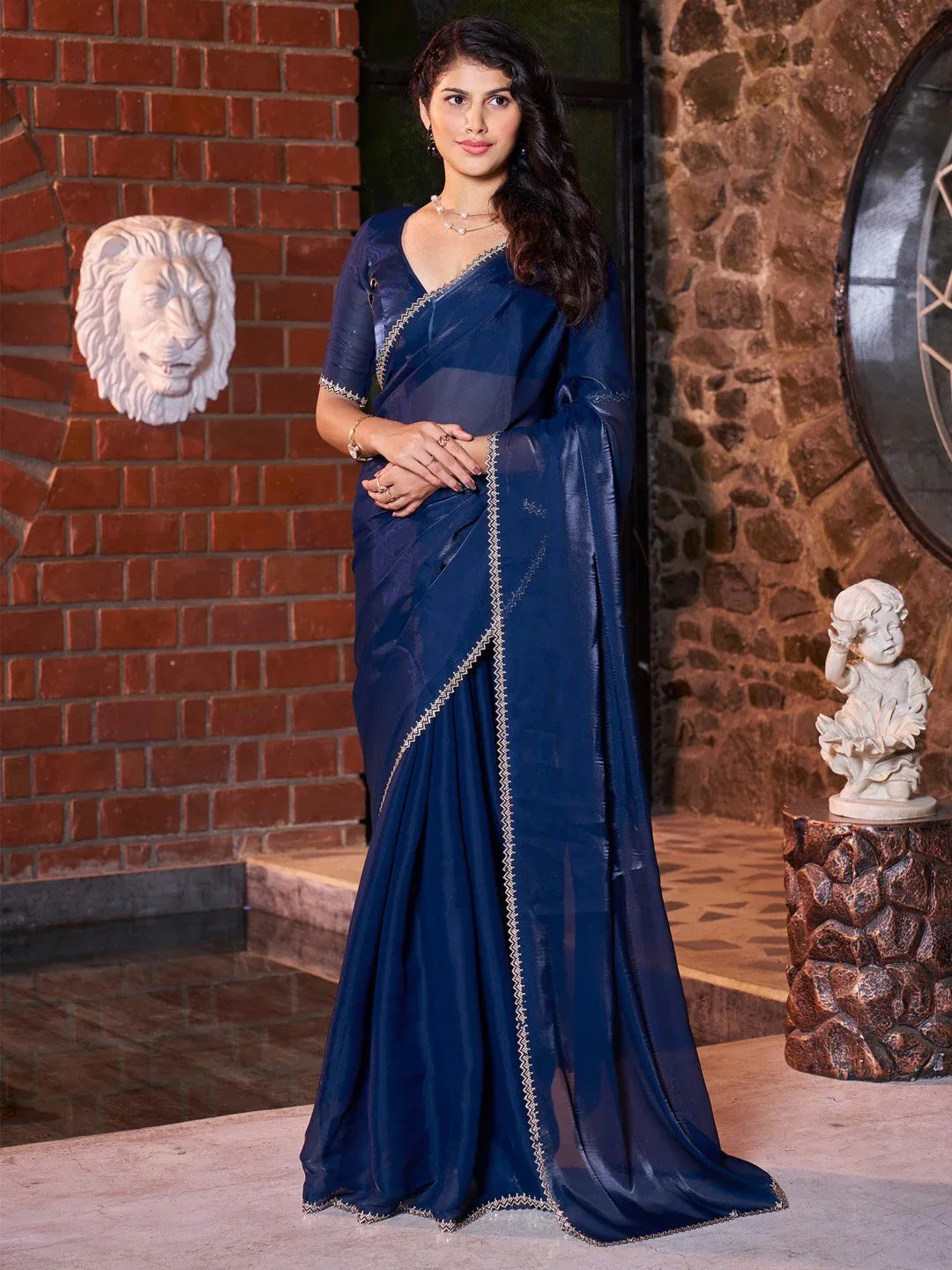 Navy Party Wear Satin Silk Embellished Saree - The Dori Store