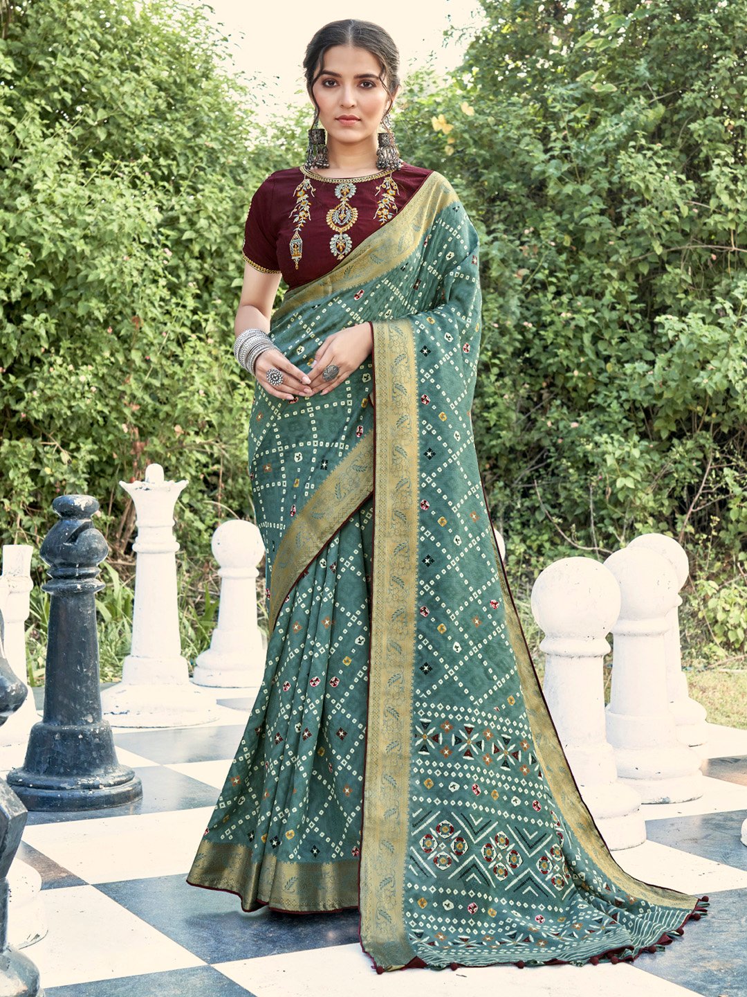 Green Sea Bandhani Soft Silk Printed Saree