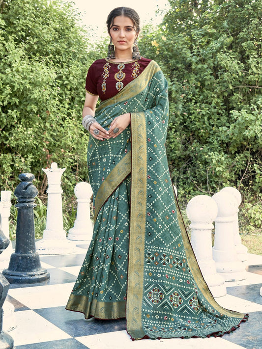 Green Sea Bandhani Soft Silk Printed Saree