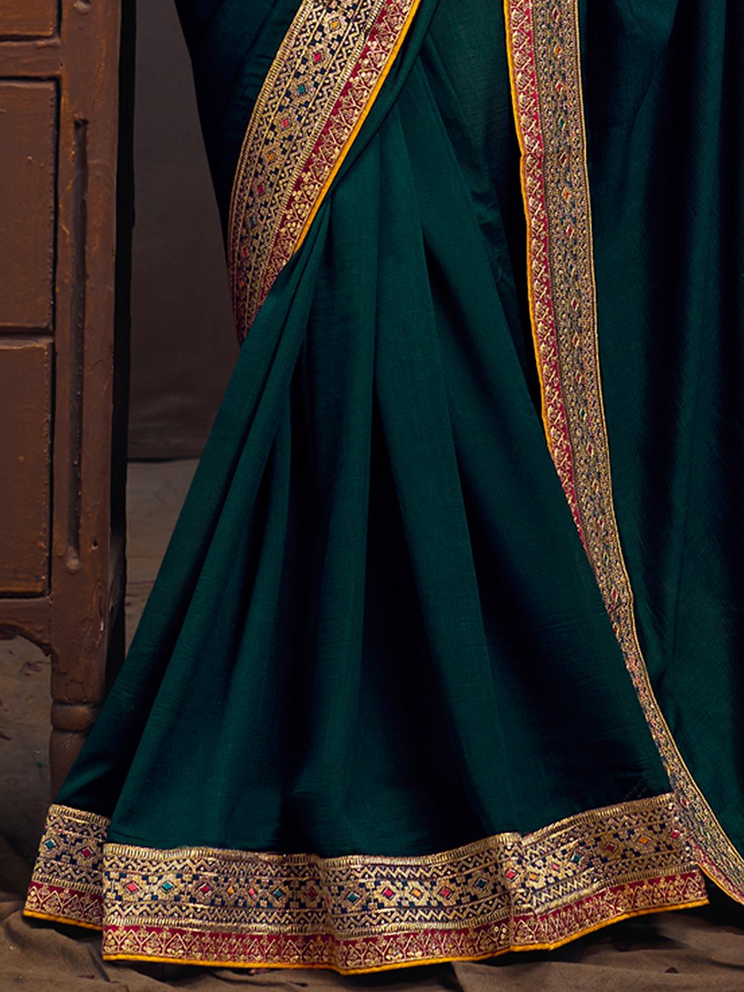 Teal Blue Party Wear Vichitra Silk Embroidered Saree