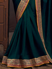 Teal Blue Party Wear Vichitra Silk Embroidered Saree