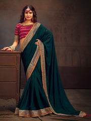 Blue Teal Party Wear Vichitra Silk Embroidered Saree