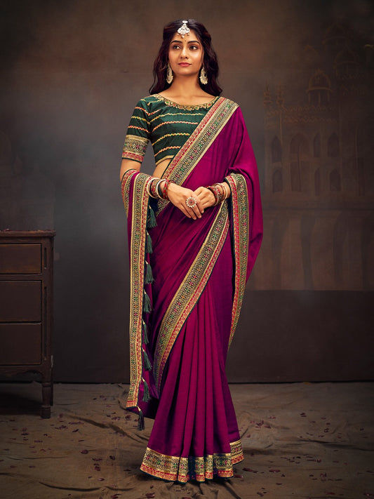 Pink Pink Party Wear Vichitra Silk Embroidered Saree