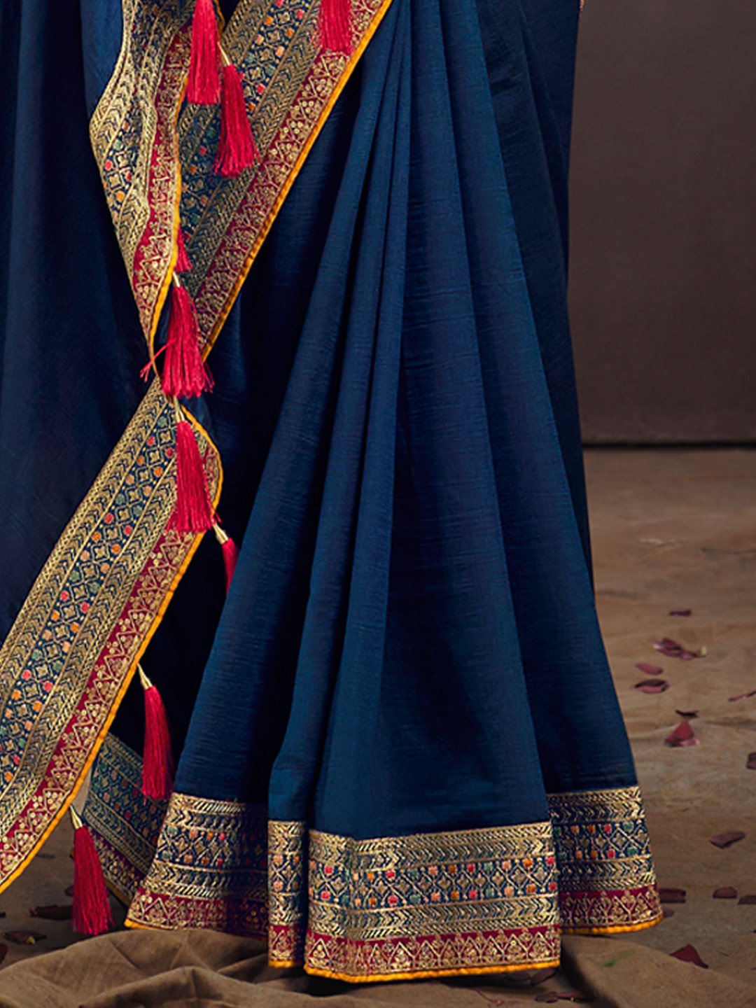 Teal Blue Party Wear Vichitra Silk Embroidered Saree