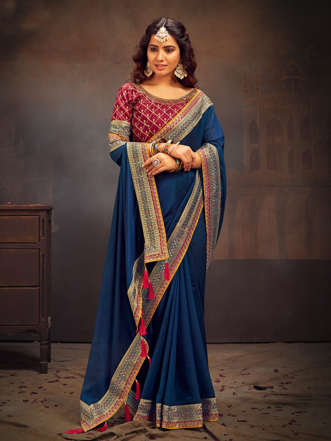 Blue Teal Party Wear Vichitra Silk Embroidered Saree