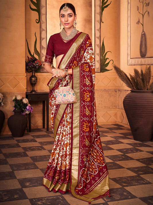 White OffWhite Patola Silk Blend Woven Saree