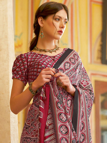 Red Bagru Crepe Printed Saree