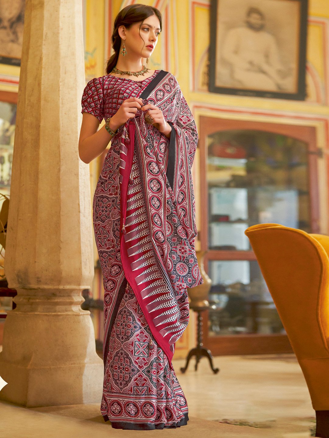 Red Red Bagru Crepe Printed Saree
