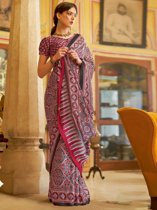 Red Red Bagru Crepe Printed Saree