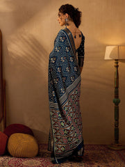 Deep Blue Soft Printed Silk Saree - The Dori Store