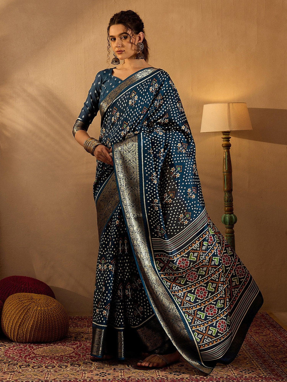 Deep Blue Soft Printed Silk Saree - The Dori Store