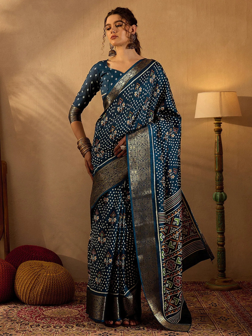 Deep Blue Soft Printed Silk Saree - The Dori Store
