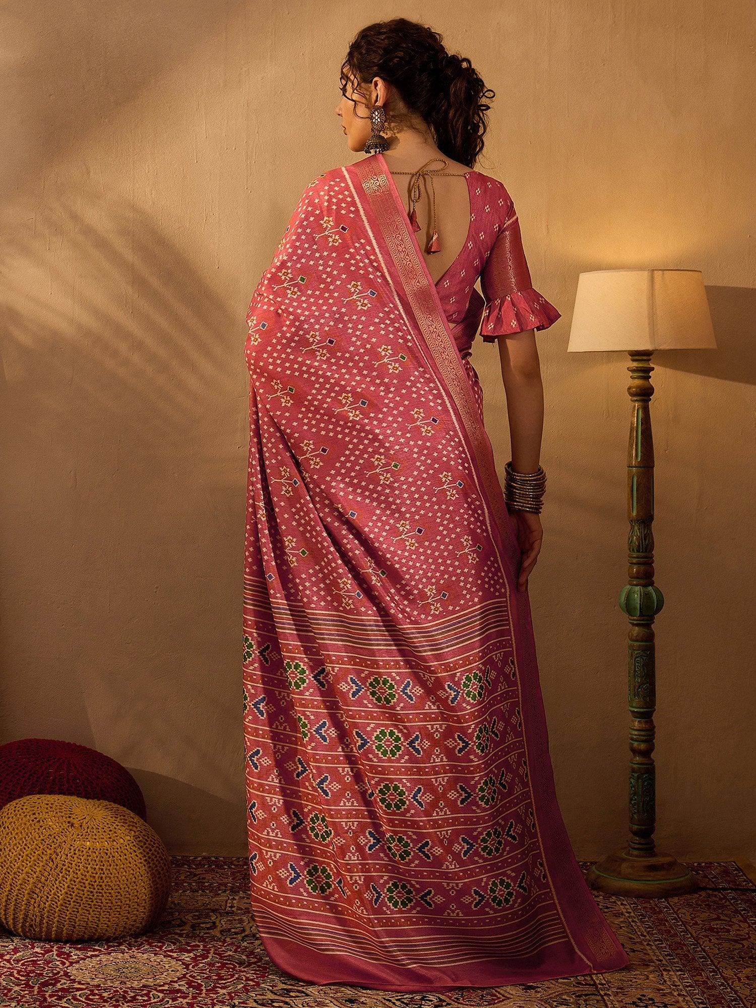 Peach Pink Soft Printed Silk Saree - The Dori Store