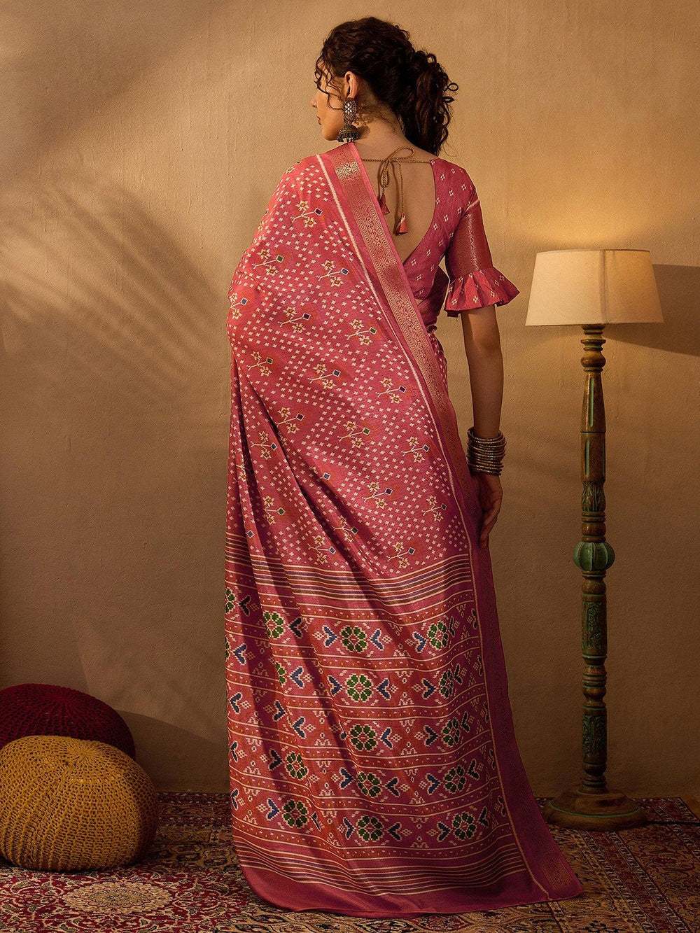 Peach Pink Soft Printed Silk Saree - The Dori Store