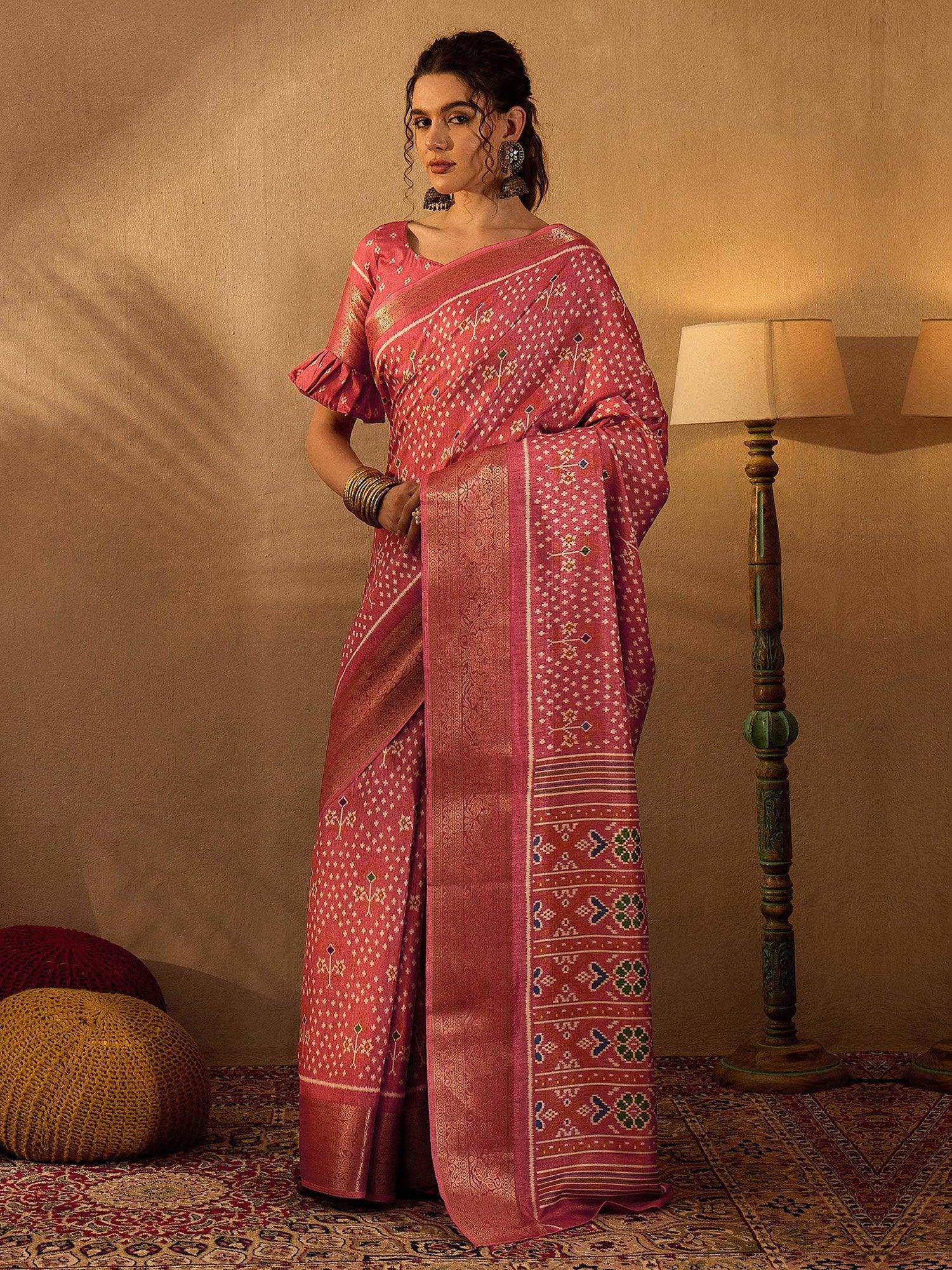 Peach Pink Soft Printed Silk Saree - The Dori Store