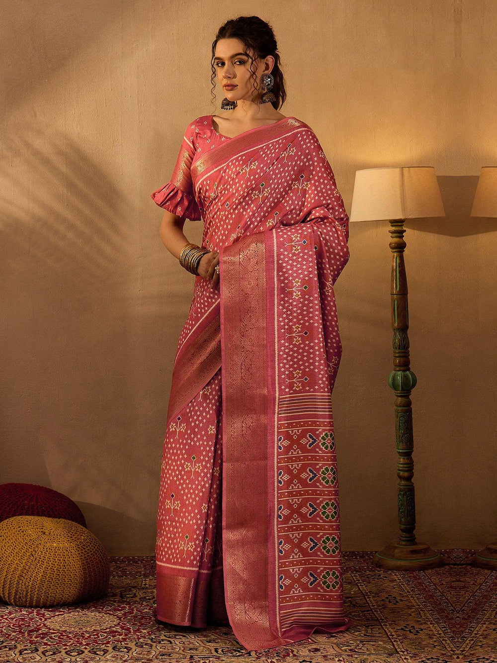 Peach Pink Soft Printed Silk Saree - The Dori Store