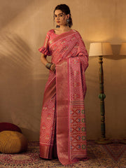 Peach Pink Soft Printed Silk Saree - The Dori Store