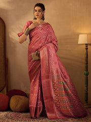 Peach Pink Soft Printed Silk Saree - The Dori Store