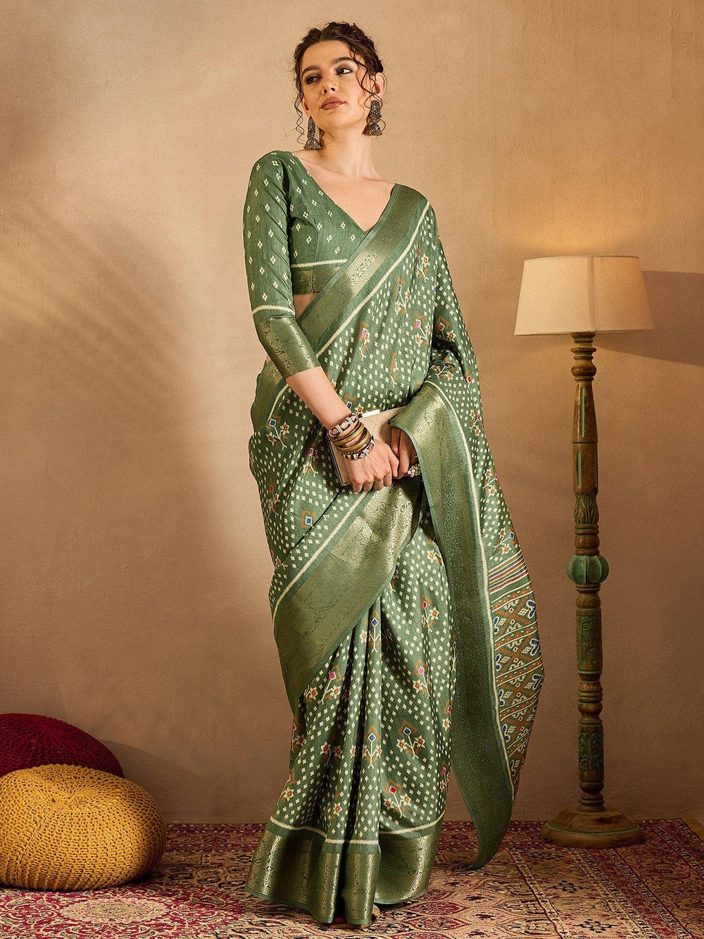 Mehendi Green Soft Printed Silk Saree - The Dori Store