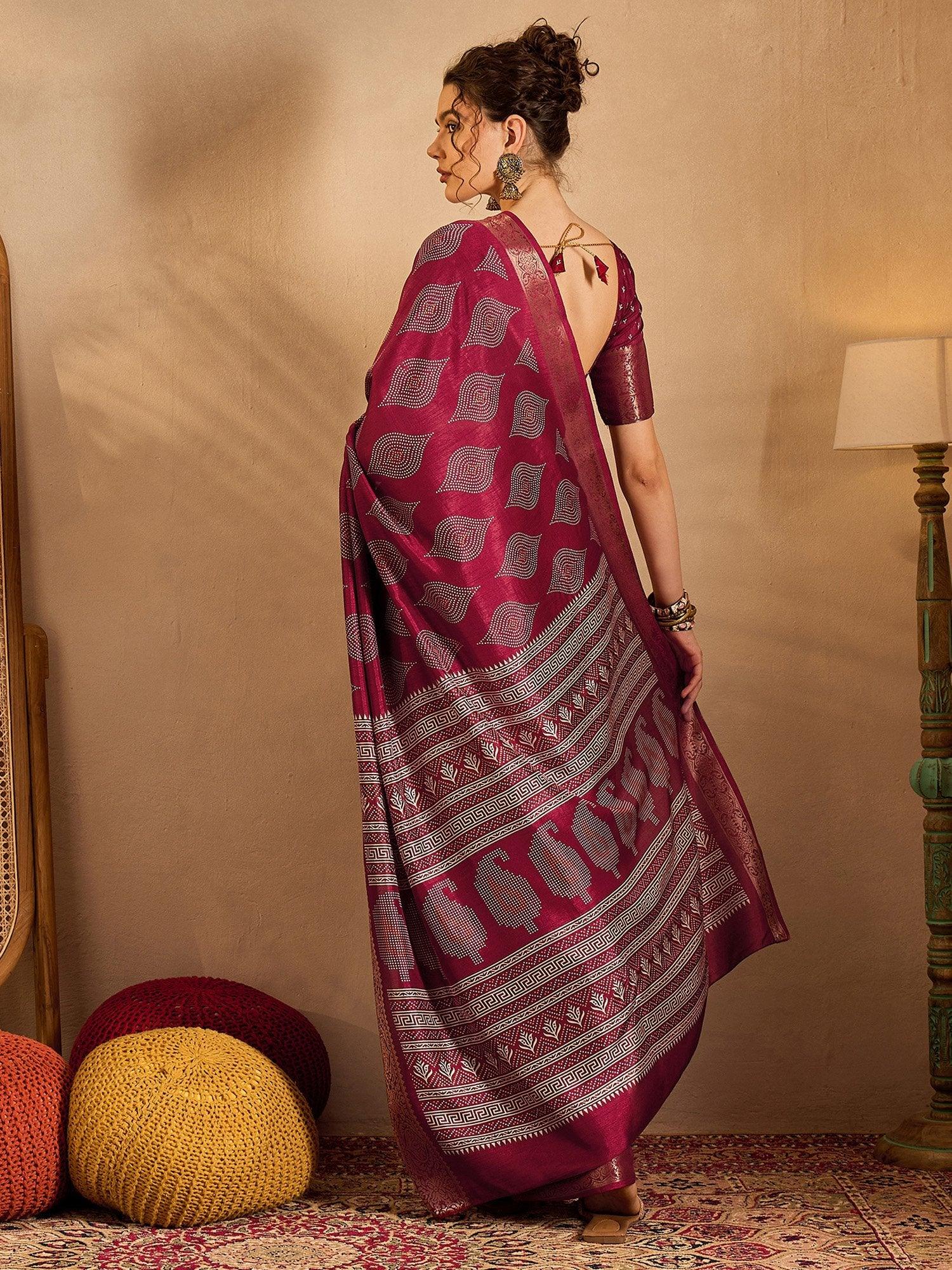 Magenta Pink Soft Printed Silk Saree - The Dori Store