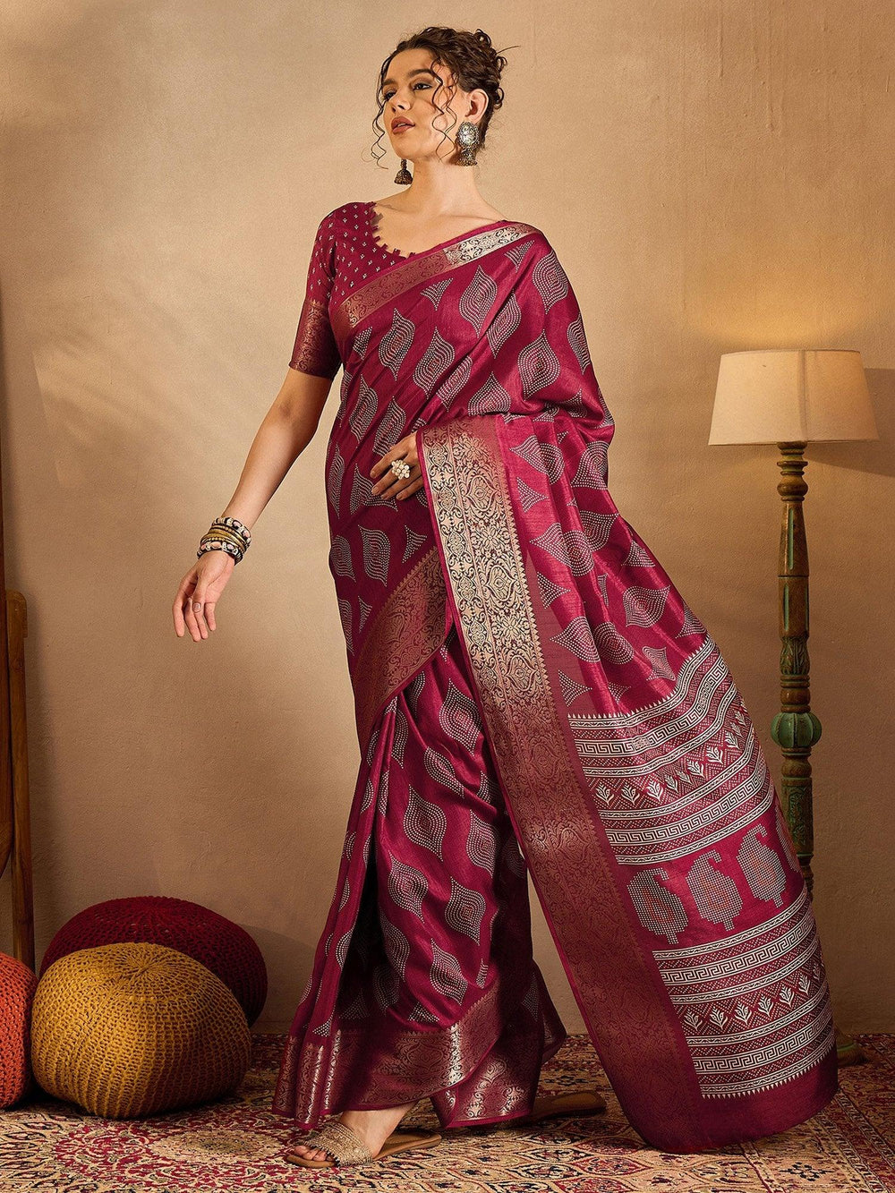 Magenta Pink Soft Printed Silk Saree - The Dori Store