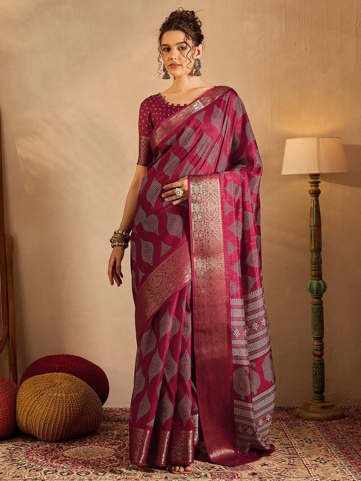 Magenta Pink Soft Printed Silk Saree - The Dori Store
