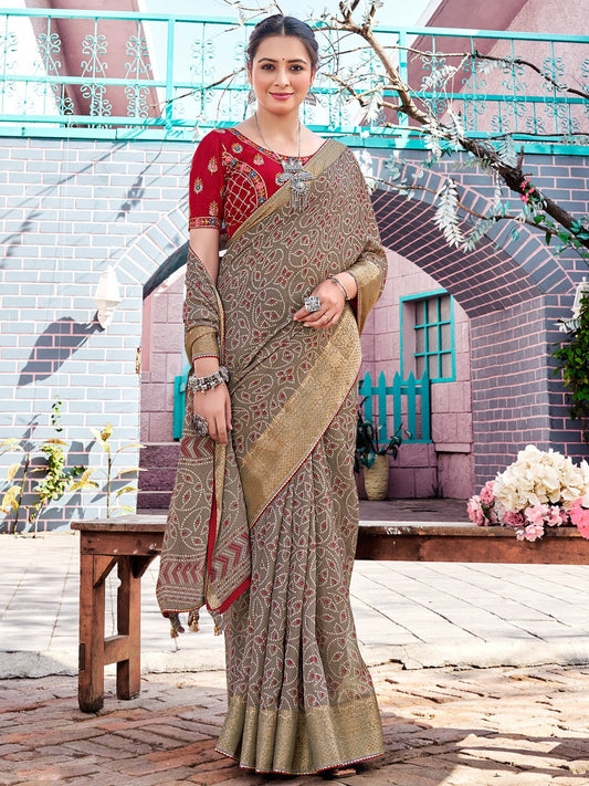 Grey Grey Bandhani Georgette Printed Saree