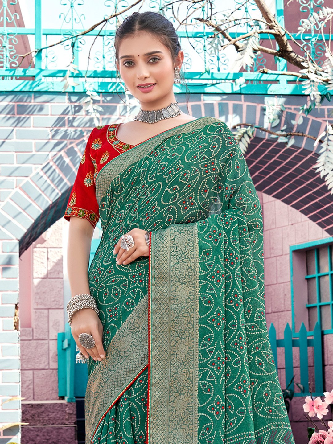 Teal Bandhani Georgette Printed Saree