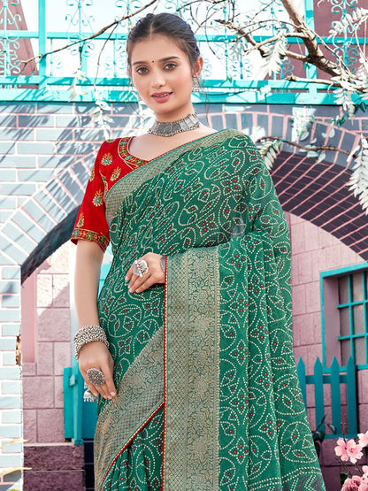 Teal Bandhani Georgette Printed Saree