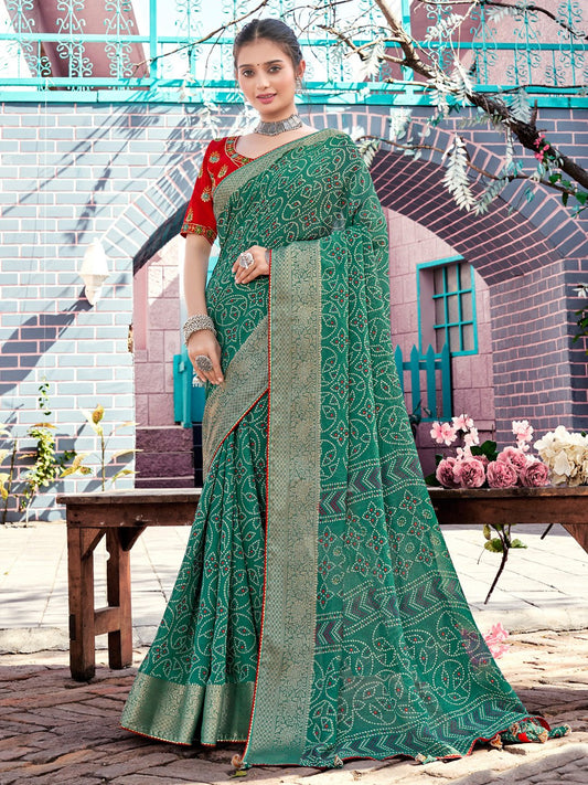 Green Teal Bandhani Georgette Printed Saree
