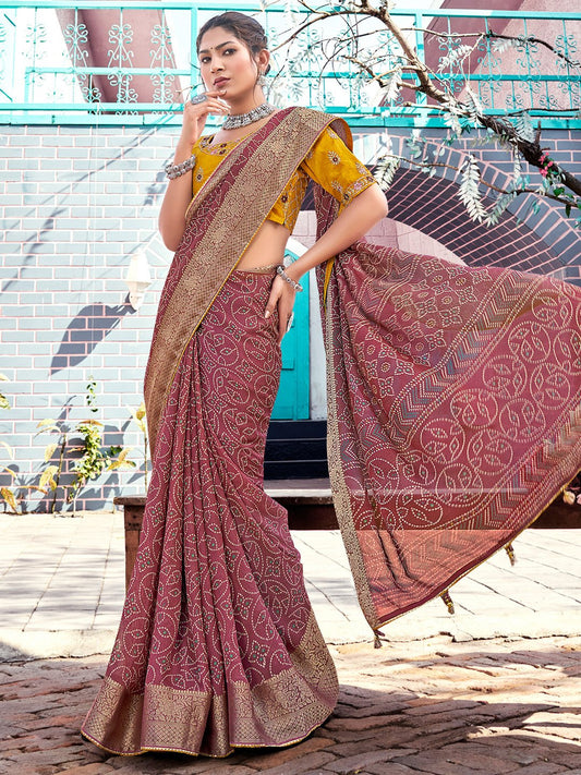 Pink Mauve Bandhani Georgette Printed Saree