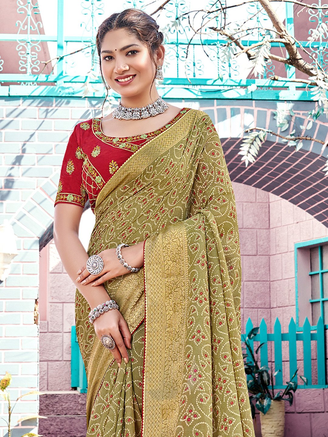 Olive Bandhani Georgette Printed Saree