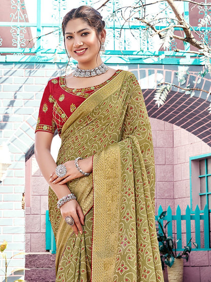 Olive Bandhani Georgette Printed Saree