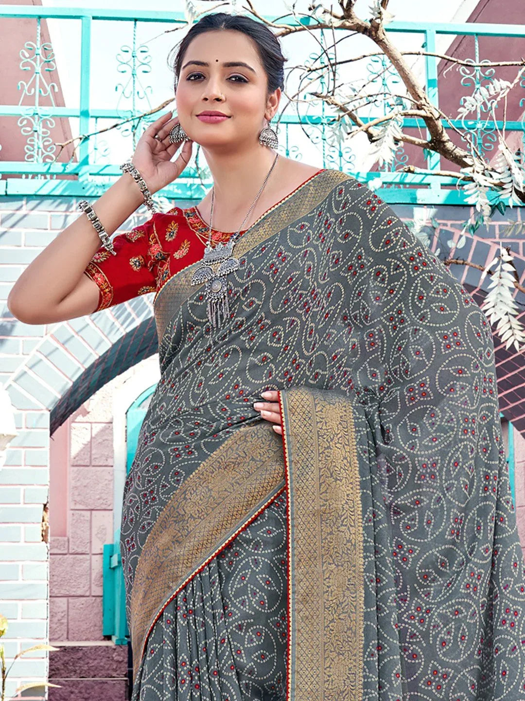 Charcoal Bandhani Georgette Printed Saree