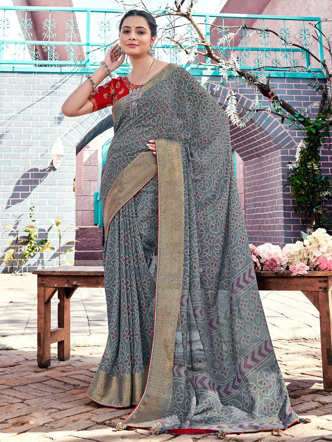 Grey Charcoal Bandhani Georgette Printed Saree