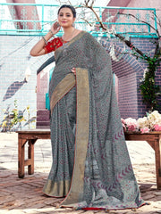 Grey Charcoal Bandhani Georgette Printed Saree