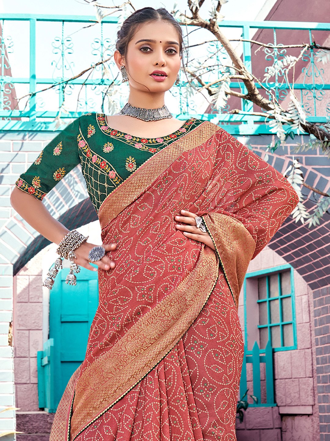 Pink Bandhani Georgette Printed Saree