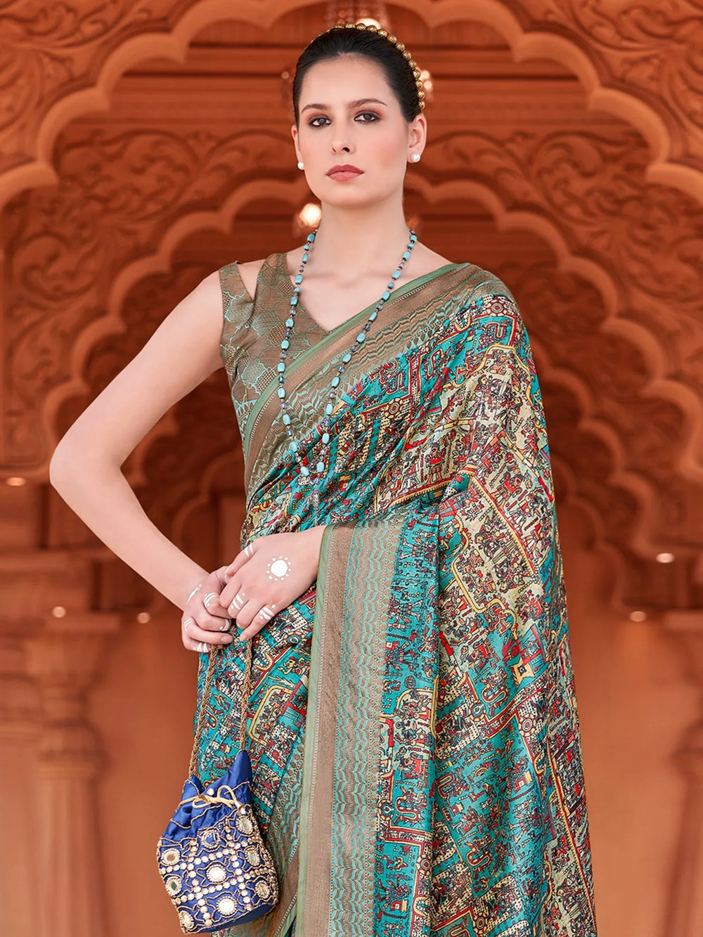 Graceful Blue Digital Print Silk Saree - The Dori Store