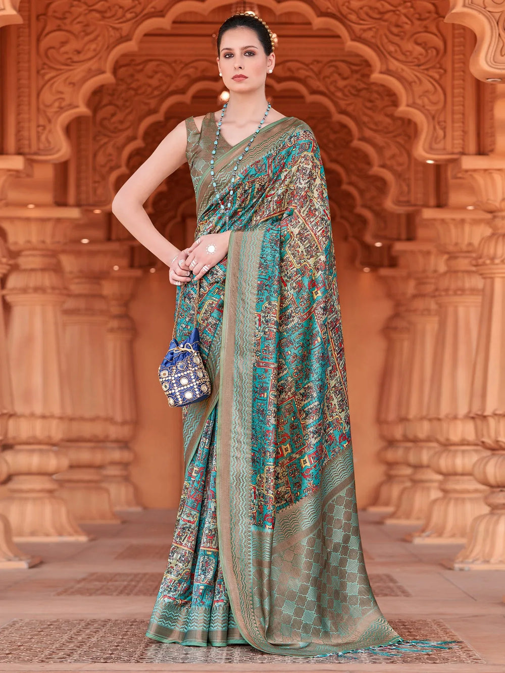 Graceful Blue Digital Print Silk Saree - The Dori Store
