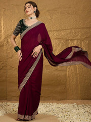 Magenta Designer Georgette Vichitra Silk Saree - The Dori Store