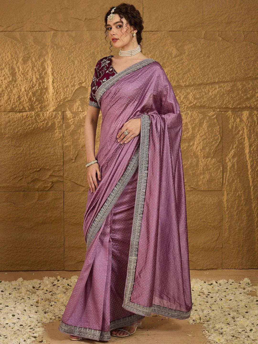 Mauve Designer Georgette Vichitra Silk Saree - The Dori Store