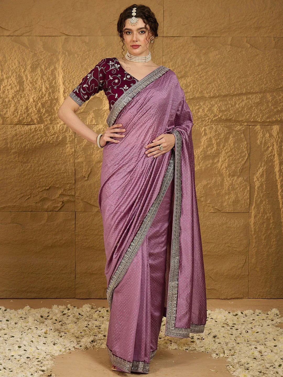 Mauve Designer Georgette Vichitra Silk Saree - The Dori Store