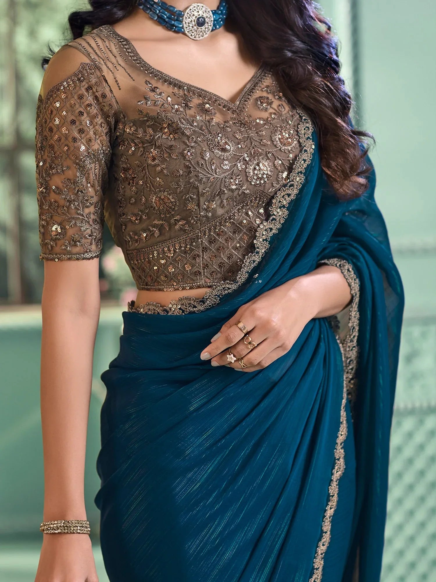 Designer Teal Blue Flowing Georgette Saree - The Dori Store