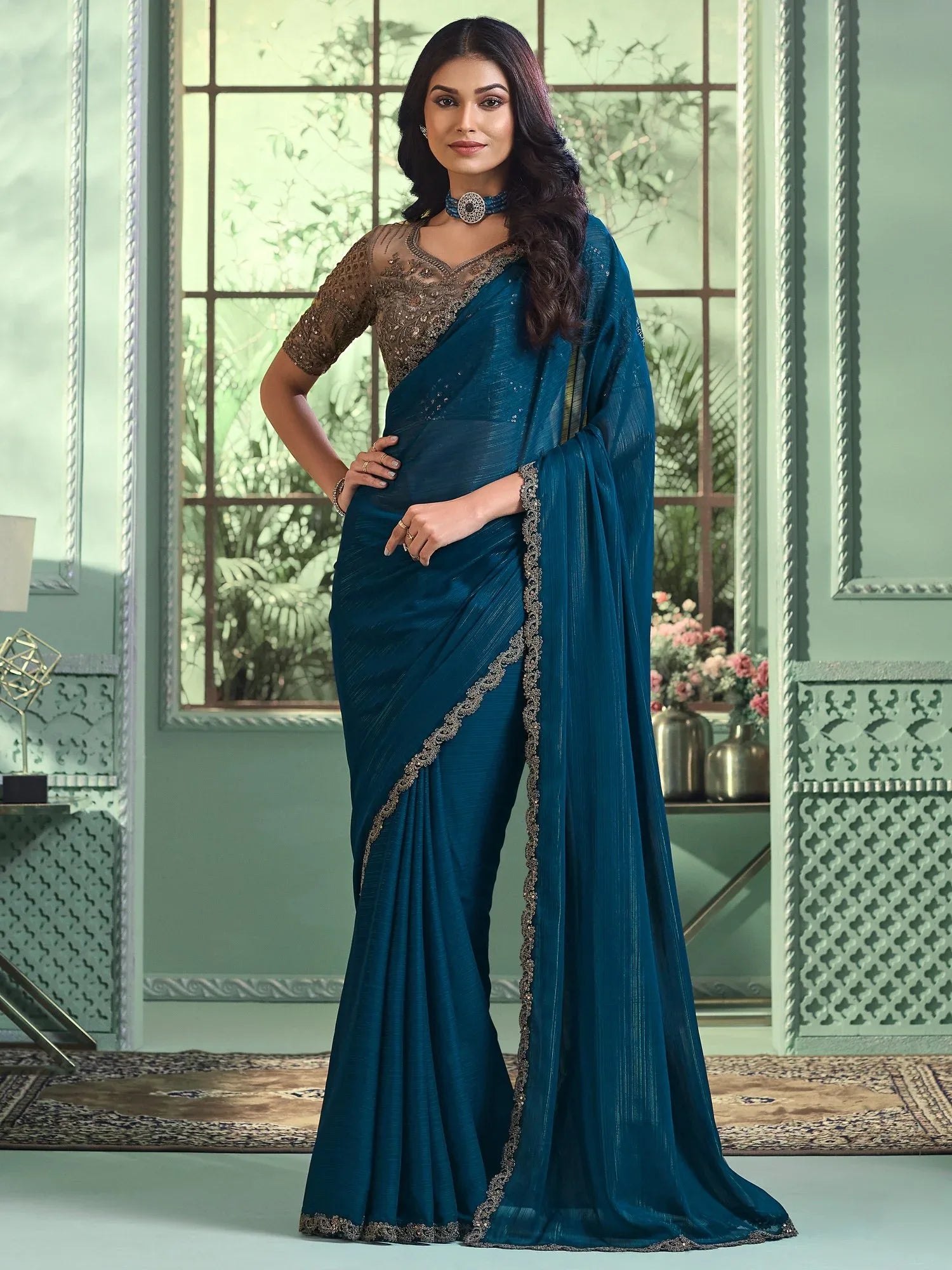 Designer Teal Blue Flowing Georgette Saree - The Dori Store
